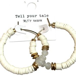 Tell Your Tale White Beaded Hoop Earrings Gold Accent 2” Lightweight Boho Style